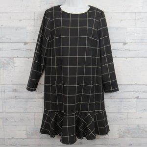 Pendleton Black White Grid Windowpane Wool Dress Long Sleeve Ruffle Women's 12